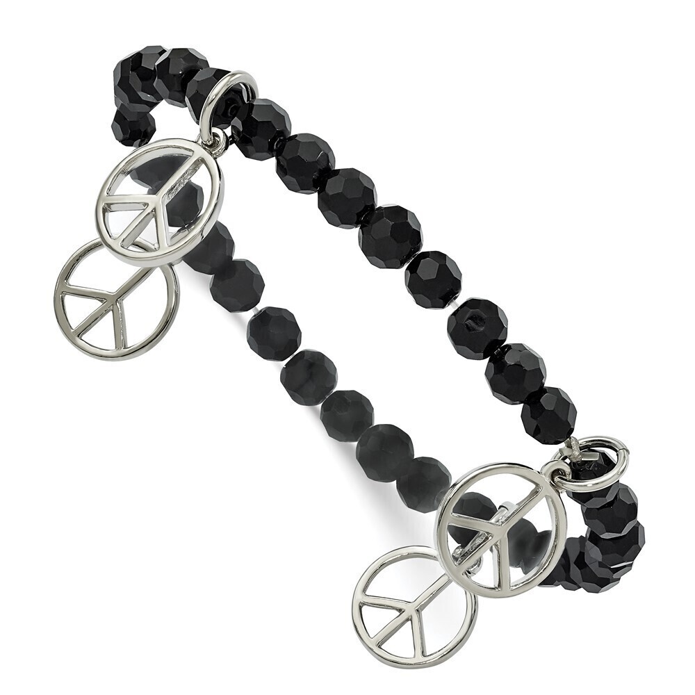 1928 Peace Charms on Jet Black Crystal Faceted Beaded Stretch Bracelet
